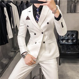 白色双排扣小西装男套装韩版修身休闲高级感西服外套新郎结婚礼服