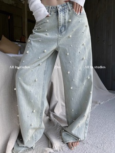 韩国东大门2024春季新款时髦重工钉珠复古高腰洗水阔腿拖地牛仔裤