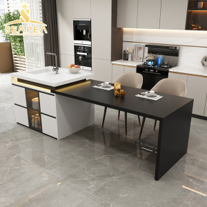 轻奢纯色岩板岛台餐桌一体开放式厨房极简导台吧台带水槽台面定制