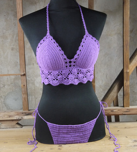 欧美外贸手工编织文胸比基尼沙滩度假钩花镂空泳衣女背心crochet