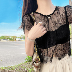 黑色性感透明透视蕾丝上衣女短袖正肩吊带连衣裙内搭打底网纱纱衣