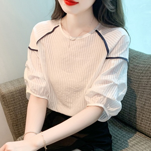 设计感撞色条纹雪纺衫夏季韩版时尚圆领上衣女洋气减龄泡泡袖小衫