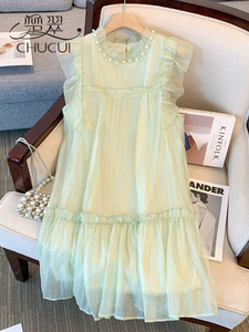 法式无袖连衣裙女士夏季2024新款小个子高级感超仙森系蕾丝网纱裙