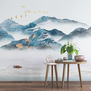 8d浮雕墙布大气壁纸新中式装修电视背景墙纸山水国画客厅沙发墙绘