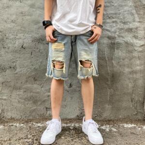 fog风格欧美高街乞丐风大破洞做旧宽松牛仔短裤潮男嘻哈滑板短裤
