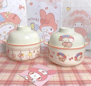 卡卡比 日式可爱卡通粉色少女心陶瓷双耳泡面碗日用带盖餐具