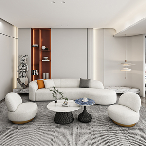 现代轻奢沙发弧形意式简约风格羊羔绒小户型客厅极简样板房设计师
