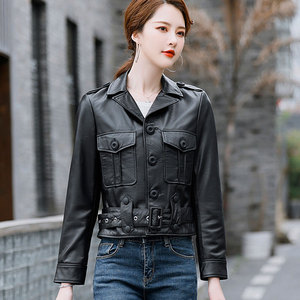 真皮皮衣女2021年春秋新款头层绵羊皮高端机车短装小个子夹克外套