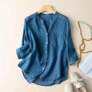 棉麻衬衫女款半袖秋季新款蓝色麻料七分袖日系气质女装设计感衬衣