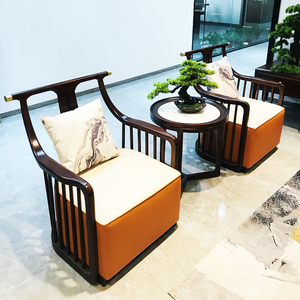 新中式实木皮艺沙发现代轻奢高端别墅客厅搭休闲椅家具全屋定制