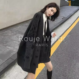 Rouje Wardr法式豹纹针织开衫外套女秋冬季慵懒风毛衣中长款上衣