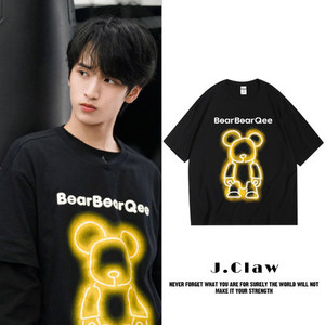 韩都衣舍时代少年团严浩翔同款联名小熊t恤女夏宽松纯棉情侣短袖