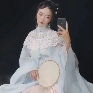 明制立领汉服蕾丝绣花古装白色流苏云肩针织镂空连衣裙小披肩外搭