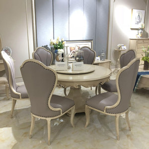 欧式餐桌椅组合简欧奢华餐厅实木雕花圆桌大理石饭桌真皮椅子家具