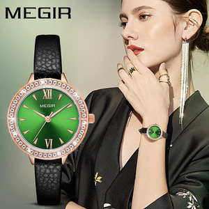 品牌美格尔megir手表女轻奢时尚镶钻防水百搭真皮铜石英女表腕表