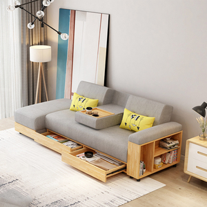 实木家具日式小户型客厅布艺沙发可以当床的储物带抽屉收纳能折叠
