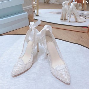婚鞋女2020新款尖头细跟网纱高跟鞋镂空仙女风绑带白色蕾丝婚纱鞋
