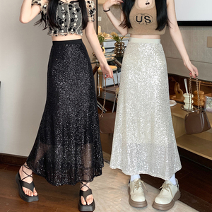 重工银色闪闪亮片半身裙女2023夏季新款高级感亮晶晶垂感包臀裙子