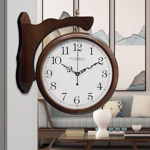 新中式双面挂钟实木两面钟表客厅家用时尚轻奢挂墙钟现代简约挂表