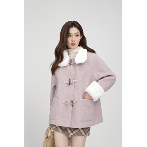 XinmonLee韩版中长款女士毛呢外套冬季加绒加厚小个子牛角扣上衣