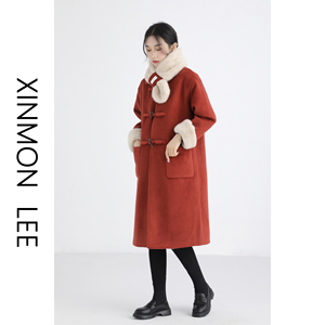XinmonLee红色毛呢外套中长款女秋冬夹棉加厚保暖牛角扣呢子大衣