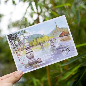 特色风景手绘杭州西湖景点旅游纪念品中国城市旅行卡片装饰明信片
