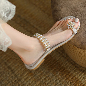 kaky原创韩系真皮珍珠套趾一字带平底拖鞋女外穿夏季新款仙女凉拖