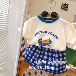 奥特莱斯清仓韩国童装2022夏季儿童亲子家字母短袖T恤格子短裤两