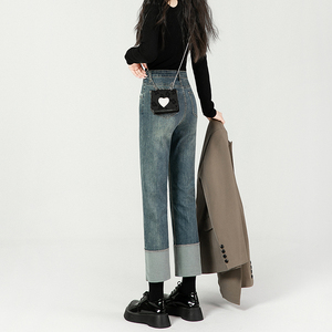 高腰牛仔裤女直筒卷裤脚窄版阔腿春秋2023年新款小个子法棍烟管裤