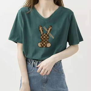韩国纯棉V领短袖T恤女宽松2024年夏装新款洋气兔子印花上衣t桖潮