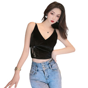 性感深v黑色丝绒吊带背心女内搭设计感小众外穿蕾丝抹胸美背上衣