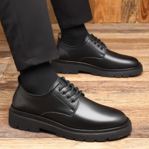 夏季黑色皮鞋男厚底内增高商务正装新郎结婚西装鞋圆头工装鞋真皮