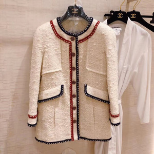 代购chanel/香奈儿20秋冬款中长款大衣羊毛斜纹软呢乳白红边外套