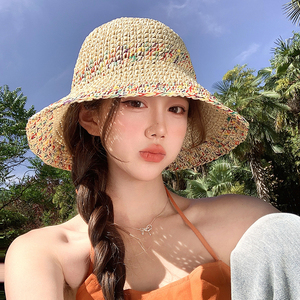 彩虹防晒渔夫帽子女夏季新款大帽檐户外遮阳海边沙滩帽显脸小草帽