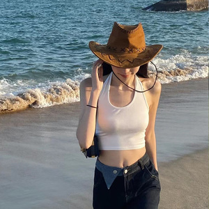 西部牛仔帽子夏季女款防晒帽欧美式复古大檐沙滩海边辣妹遮太阳帽