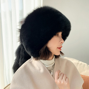 新款整皮狐狸毛保暖护耳帽子女士冬季休闲小尾巴皮草大圆帽蒙古帽