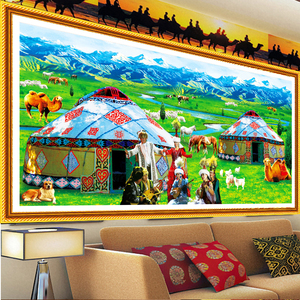 5d新款魔方钻石画圆钻十字绣哈萨克族蒙古包民族风情民族风景满钻