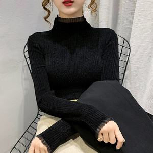 半高领蕾丝打底衫女秋冬洋气内搭2021年新款黑色毛衣针织衫上衣女