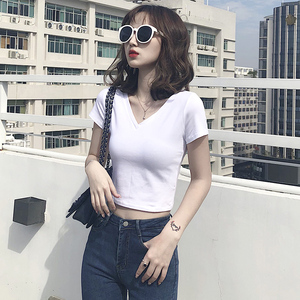 超短款紧身上衣露脐女高腰白色t恤短袖纯棉大v领漏锁骨半袖打底衫