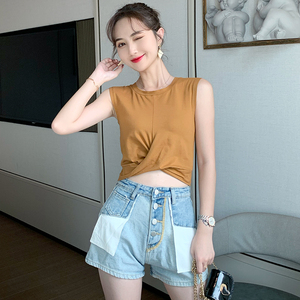 超短上衣女露脐紧身t恤高腰无袖背心夏黑色圆领打底衫内搭漏肚装