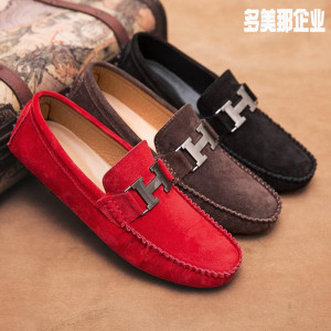 夏季豆豆鞋男轩爱马仕品红色男鞋子真皮鞋正品社会精神小伙驾车鞋