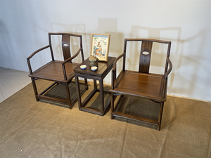 简约新中式老榆木圈椅三件套太师椅官帽椅实木椅子茶几明式海棠椅