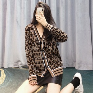 fendi/芬迪老花羊毛开衫v领休闲毛衣ff提花字母长袖针织衫情侣款