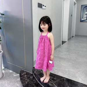 韩国童装女童连衣裙2024夏季新款儿童度假风立体花边吊带裙挂脖裙