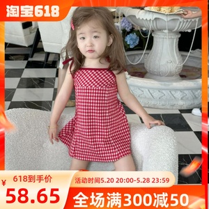 韩版女童连衣裙2024夏季新款女宝宝红色格子绑带肩带背心裙吊带裙