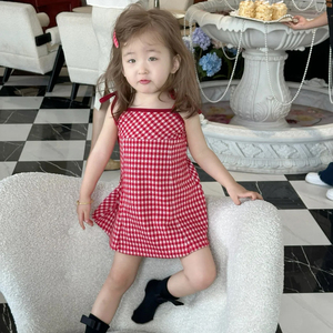 韩版女童连衣裙2024夏季新款女宝宝红色格子绑带肩带背心裙吊带裙