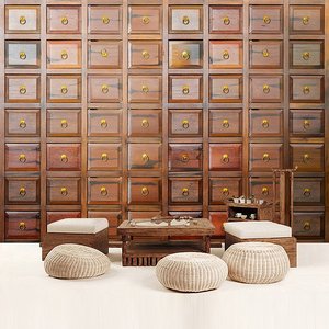 3d立体复古中式传统中医药房药柜壁纸主播拍照网红直播间背景墙纸