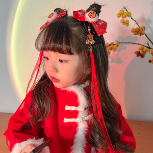新年蝴蝶结头饰儿童女孩中国风流苏发卡宝宝过年夹子女童假发辫子