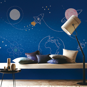 摩登野兽壁布卡通星空宇宙星球背景墙儿童房壁纸卧室墙纸ins风
