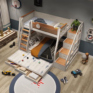 菲玛仕全实木儿童床男孩高低上下床北欧青少年卧室儿童房母子床yn